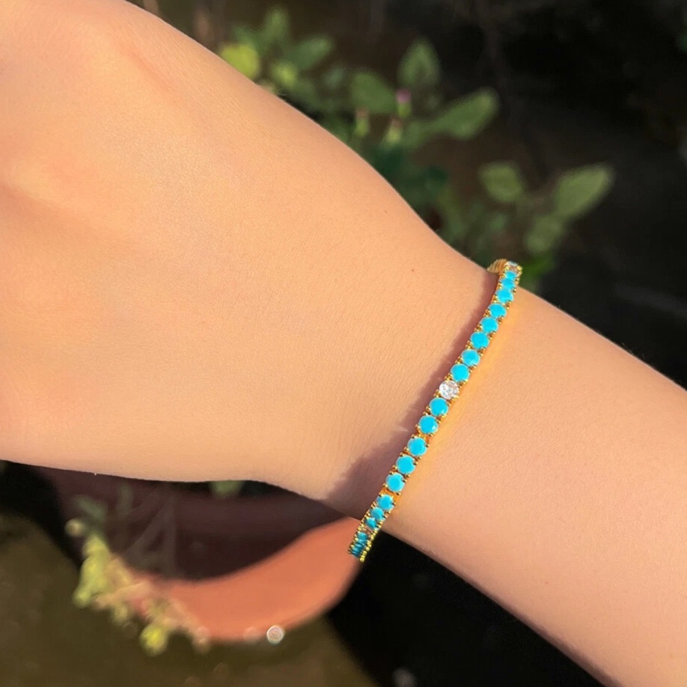 Natural Blue Turquoise-CZ 14k gold plated Tennis Bracelet 🩵 (made to order)
